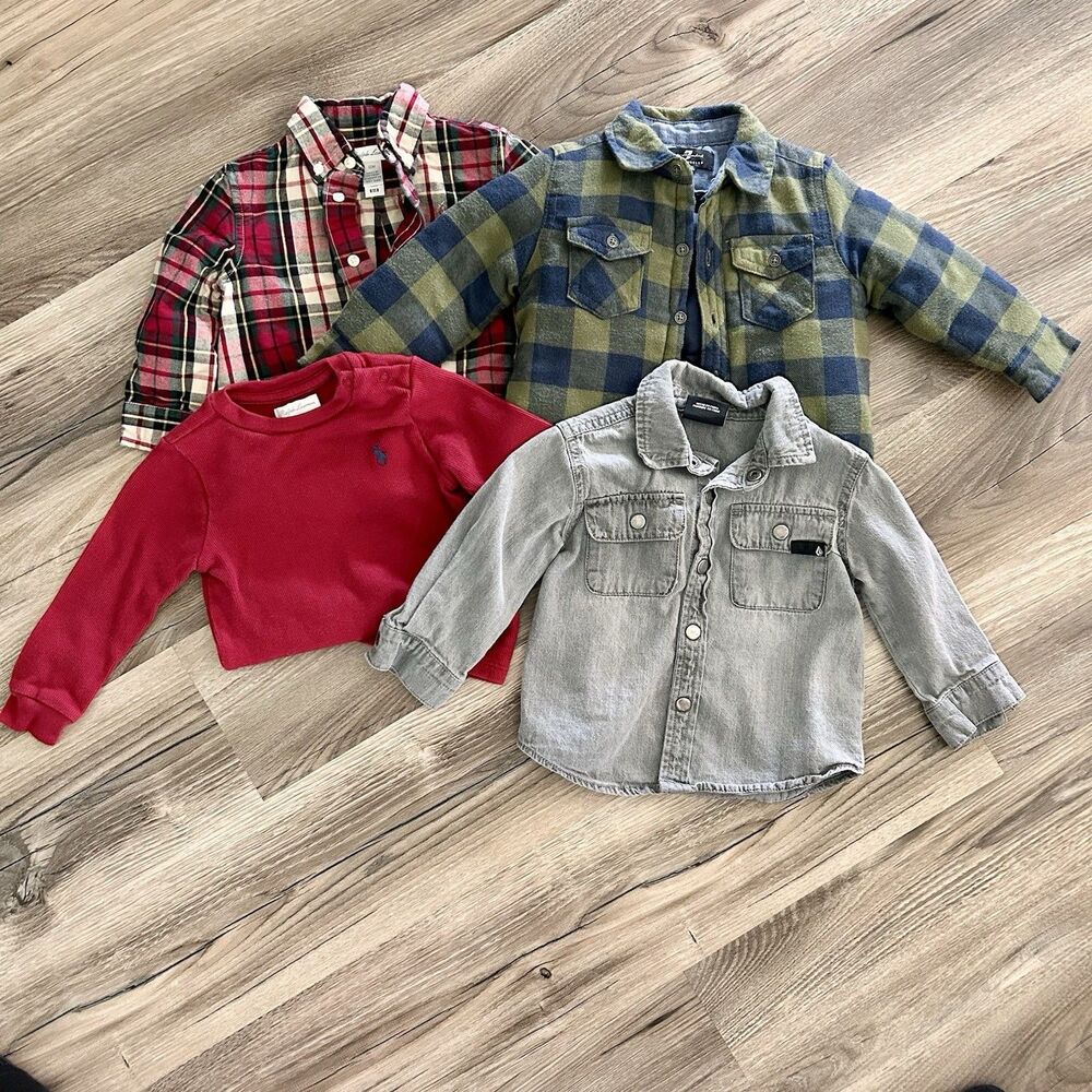 Baby Boy 12M Ralph Lauren Polo + Flannel Shirts Bundle Lot 4pc Fall Winter